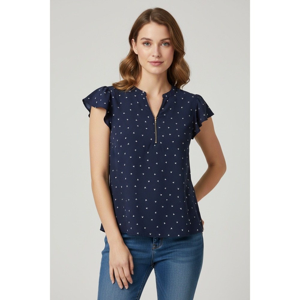 Perch by Blu Pepper Navy Blue Bird Print Half Zip Blouse Top Womens Size 2XL